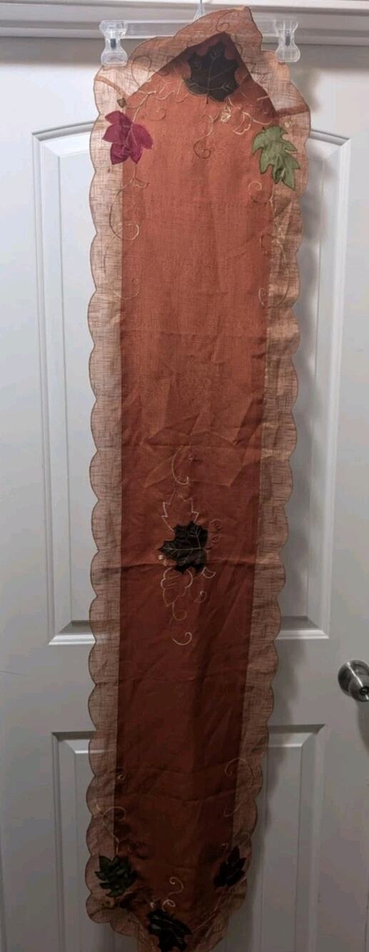 Vintage Autumn Fall Leaves Embroidered Table Runner Thanksgiving 69"x14"